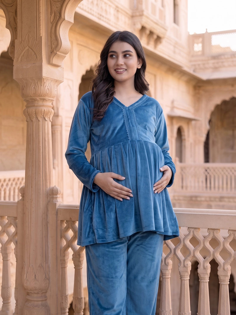Teal Blue Velvet Maternity Feeding Night Suit
