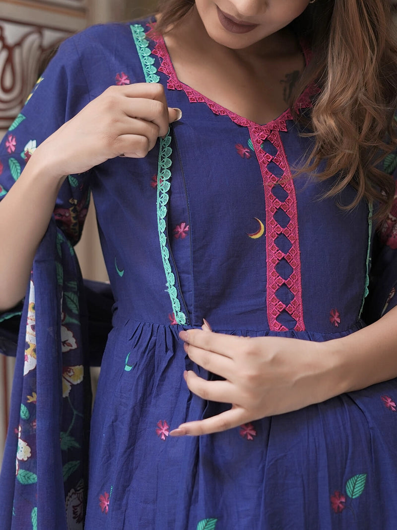 Royal Blue Floral Printed Maternity Feeding Kurta Set with Dupatta