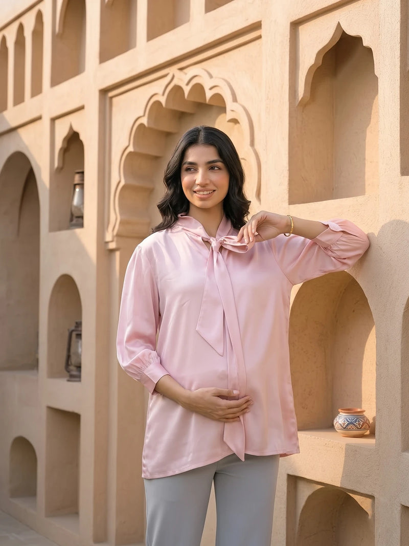 Light Pink Tie-up Neck Maternity Feeding-Friendly Top