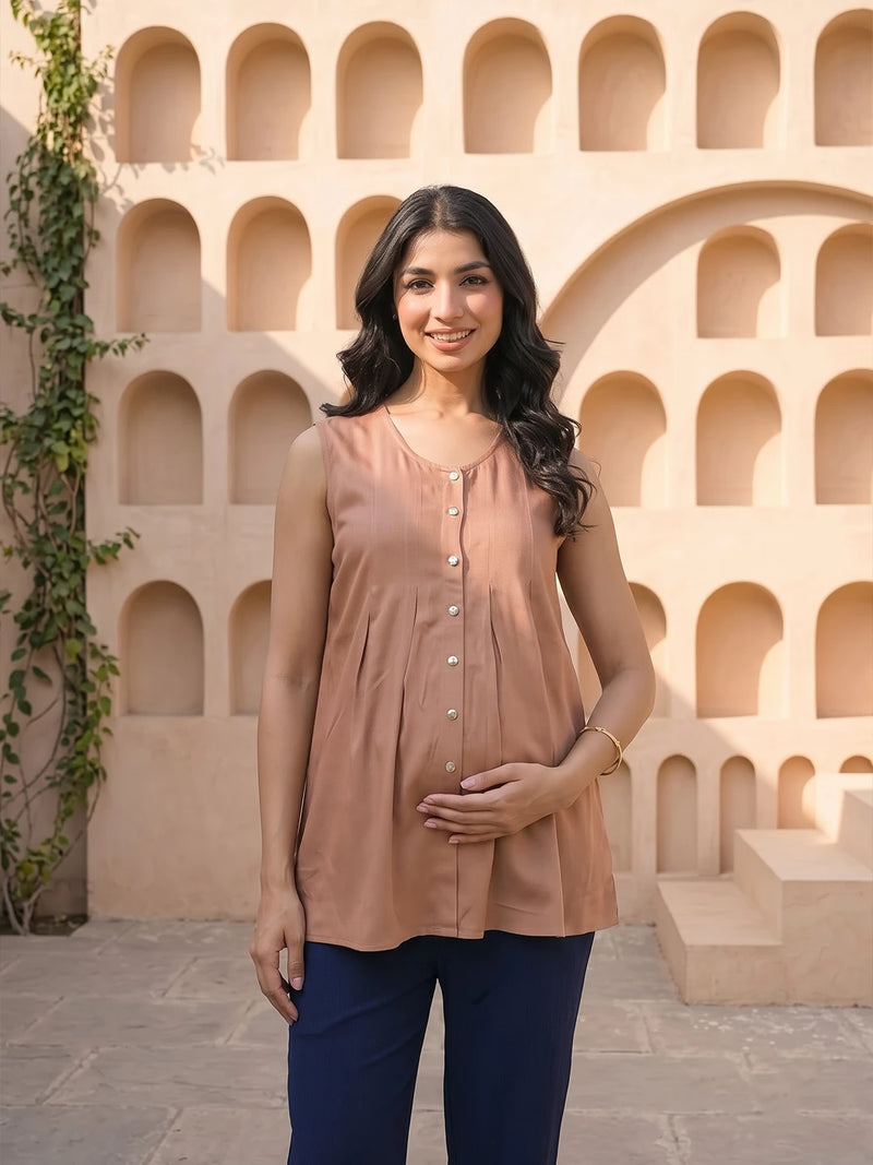 Taupe Green Pleated Maternity Feeding-Friendly Top