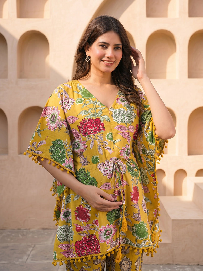 mustard-multi-floral-printed-maternity feeding-friendly-kaftan-night-suit