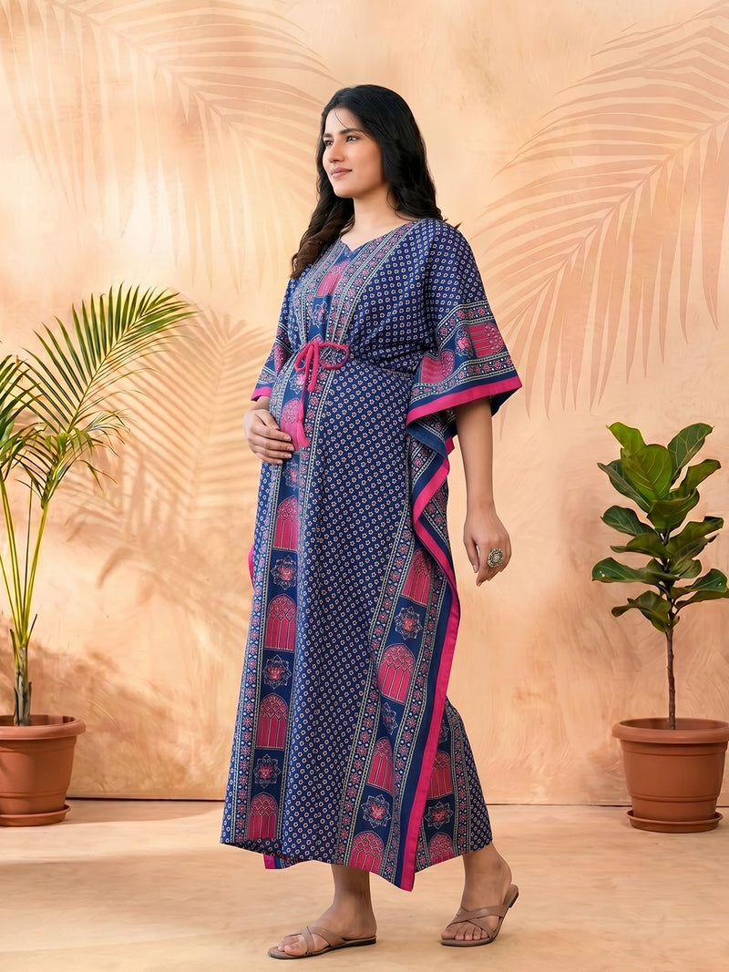 Indigo Multi Ethnic Motifs Printed Maternity Feeding Kaftan Dress