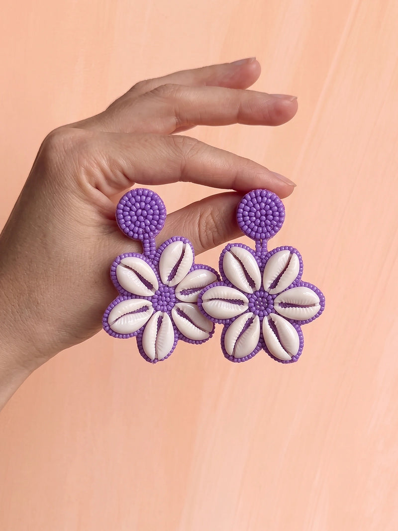Handcrafted Seashell Charm Flower Statement Earrings – White Purple