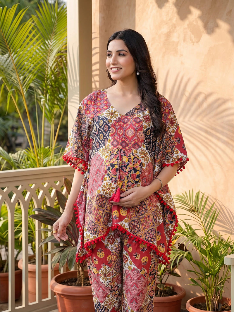 Red Multi Ethnic Print Maternity Feeding-Friendly Kaftan Night Suit with Concealed Zipper