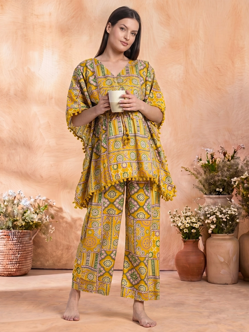 Mustard Geometric Print Maternity Feeding Kaftan Night Suit