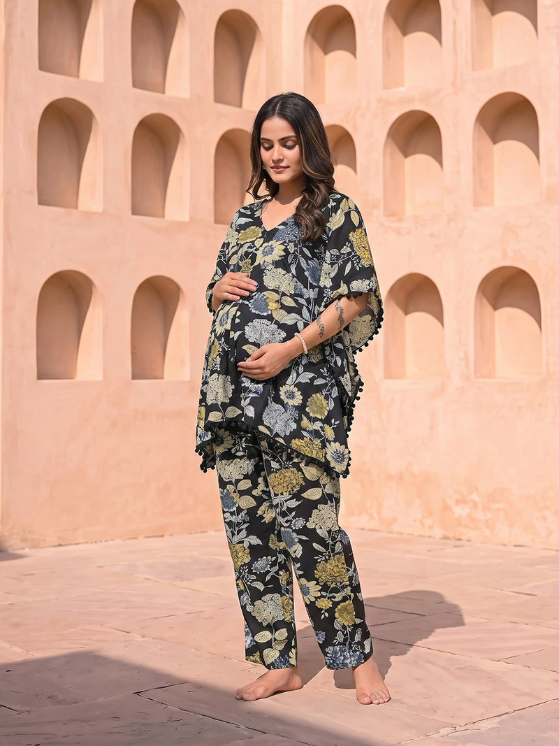 Black Floral Print Maternity Feeding-Friendly Kaftan Night Suit with Concealed Zipper