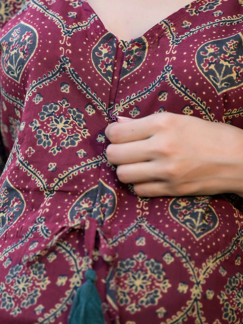 Maroon Grey Ethnic Printed Maternity Feeding Kaftan Night Suit