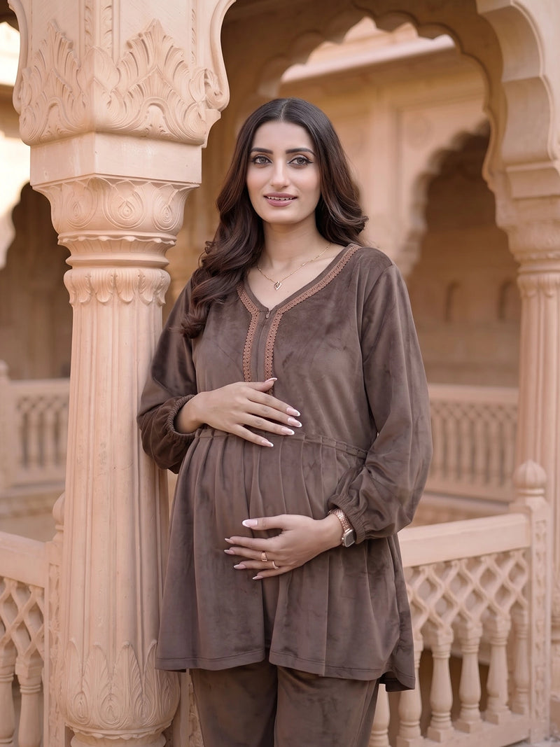 Taupe Velvet Maternity Feeding Night Suit