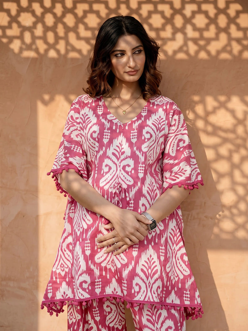 Fuchsia Printed Cotton Maternity Feeding-Friendly Kaftan Night Suit