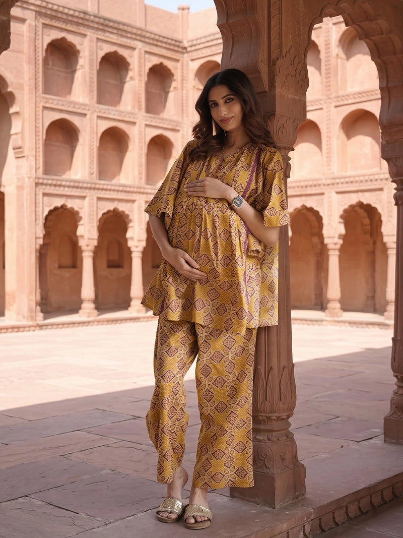 Mustard Printed Cotton Maternity Feeding-Friendly Night Suit