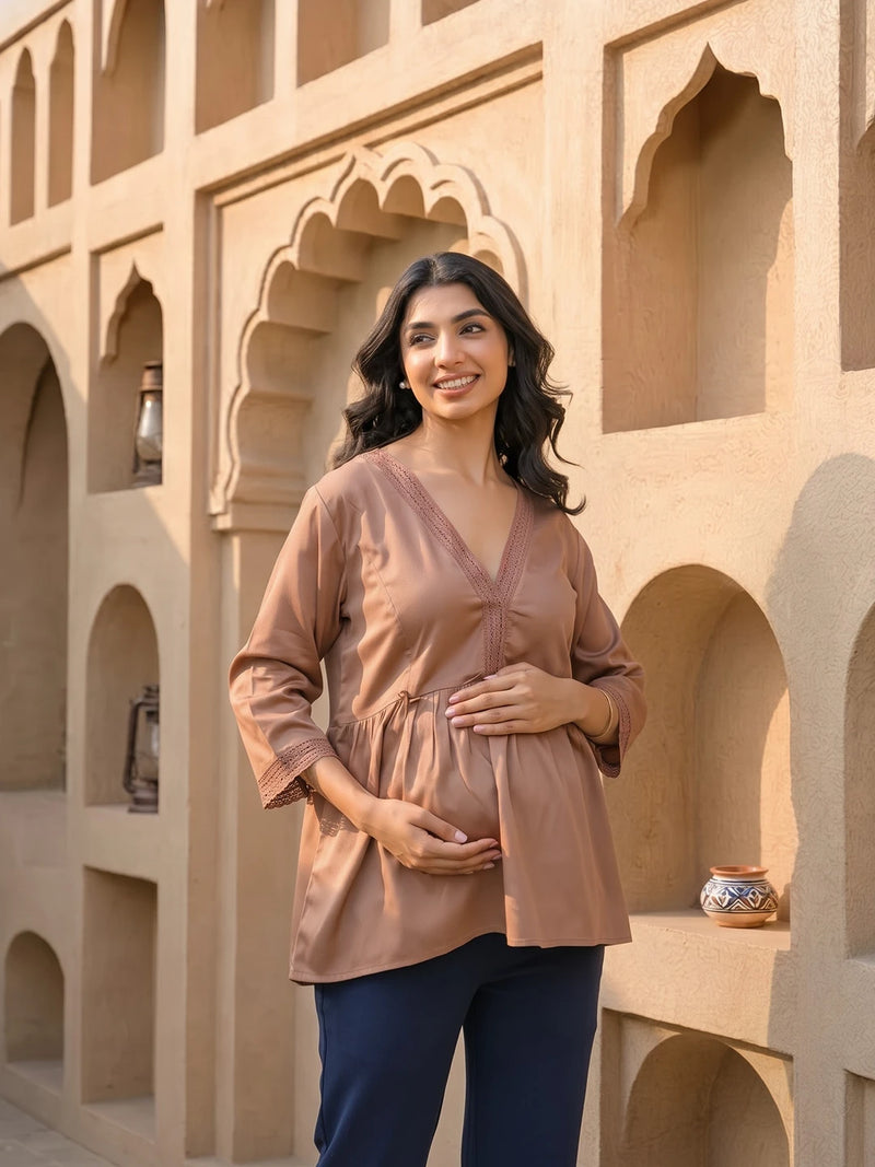 Taupe Lace Neck Maternity & Feeding Top with Concealed Zipper