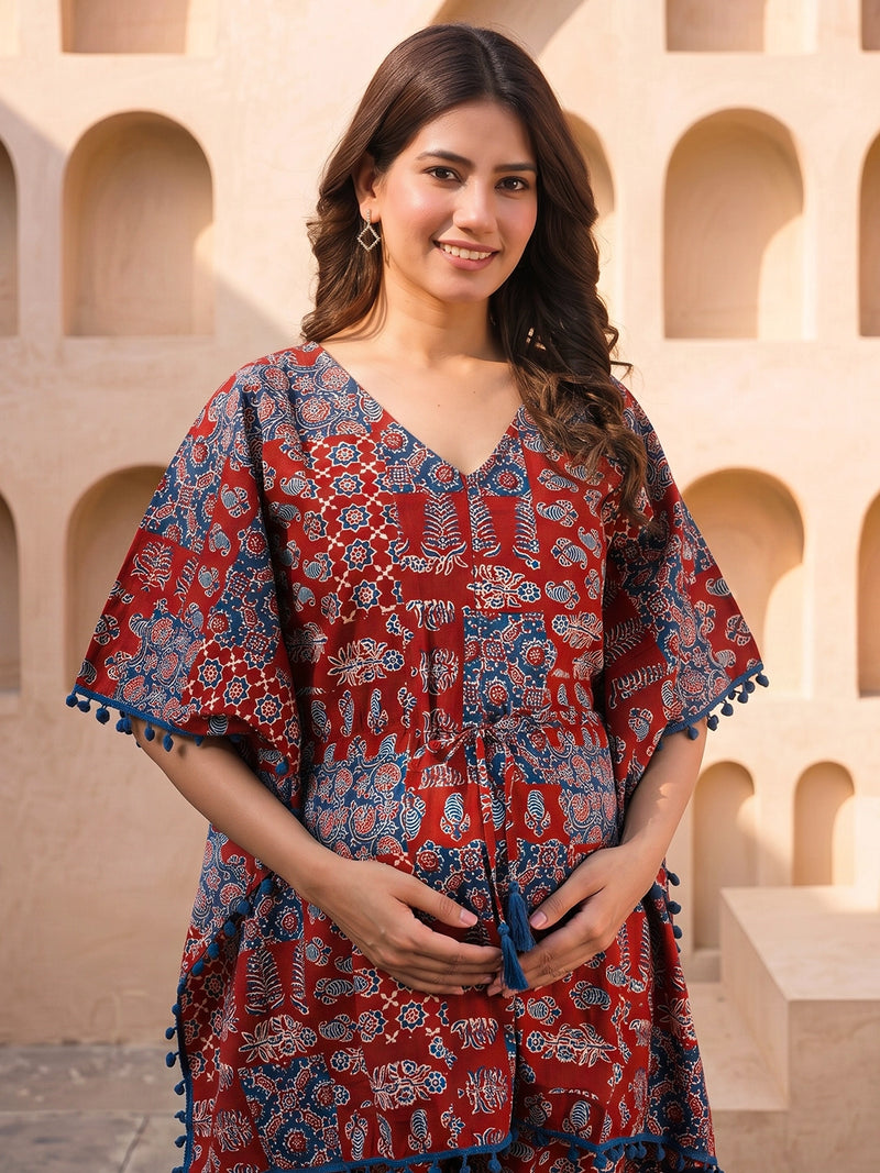 red-indigo-ethnic-print-maternity-feeding-friendly-kaftan-night-suit-with-concealed-zipper