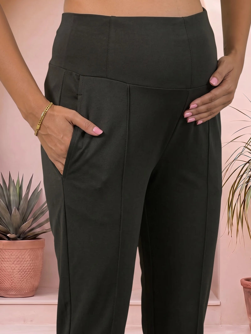 Olive Green Mid-Rise Stretch Waist Maternity Comfort Pant