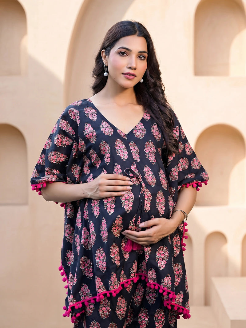 Black Fuchsia Ethnic Printed Maternity & Feeding Night Suit