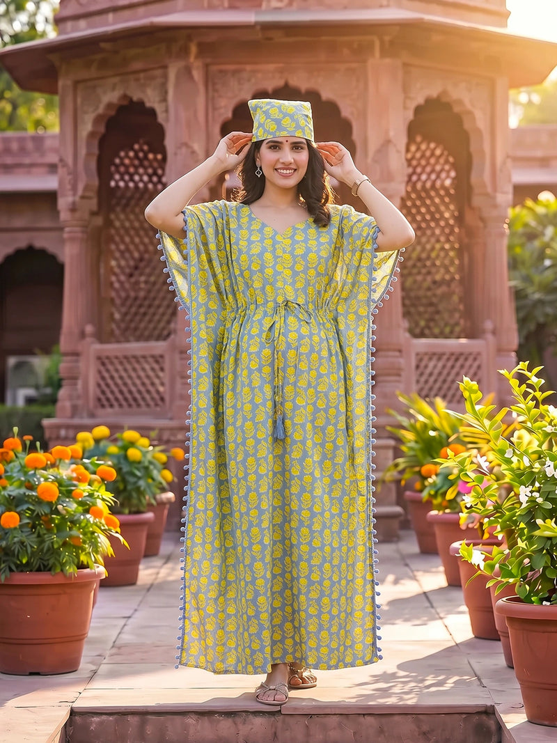 Grey Yellow Floral Print Cotton Maternity Feeding-Friendly Kaftan Dress