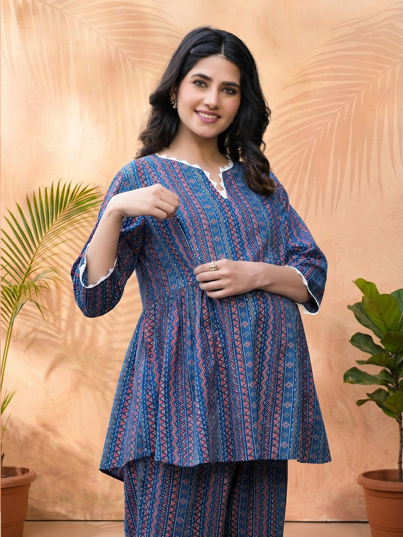 Indigo Multi Geometric Printed Cotton Maternity Feeding Night Suit