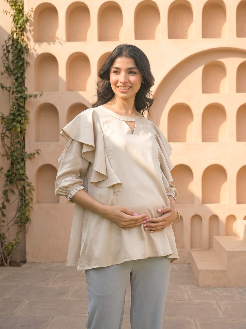 Beige Jewell Neck Ruffled Maternity & Feeding Top with Concealed Zipper