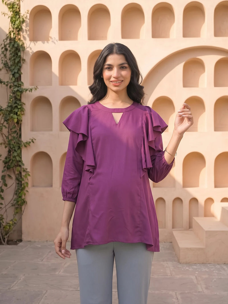 Plum Jewell Neck Ruffled Maternity & Feeding Top with Concealed Zipper