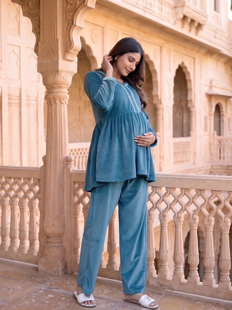 Teal Velvet Maternity Feeding Night Suit