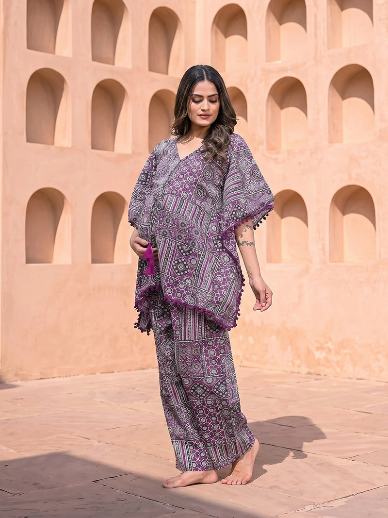 Purple Ethnic Print Maternity Feeding-Friendly Kaftan Night Suit with Concealed Zipper
