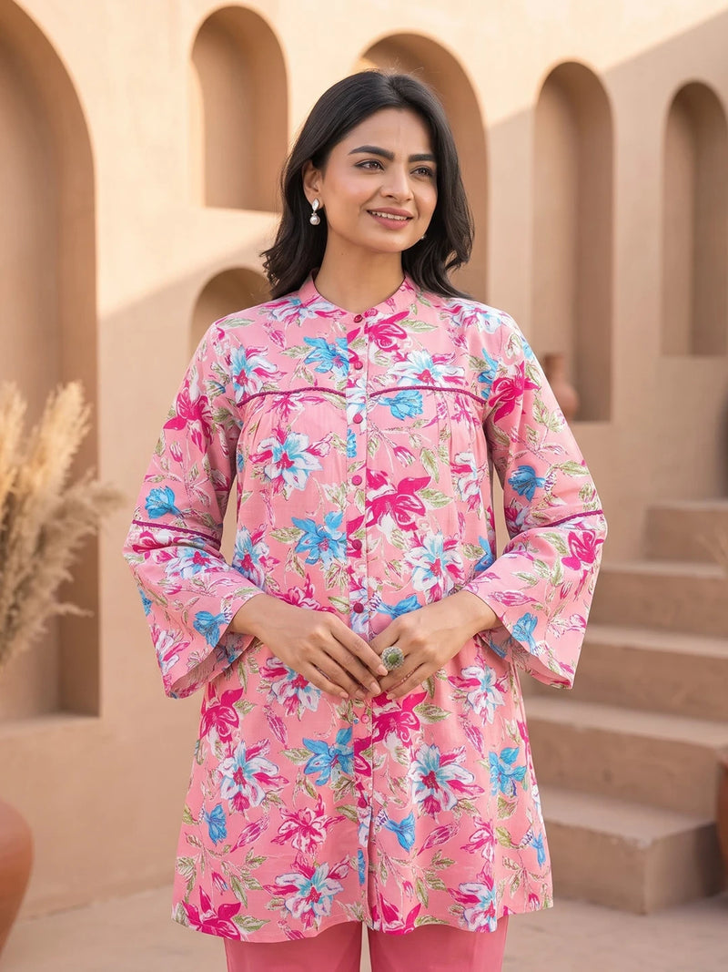 Pink Multi Floral Print Cotton Maternity Feeding-Friendly Top