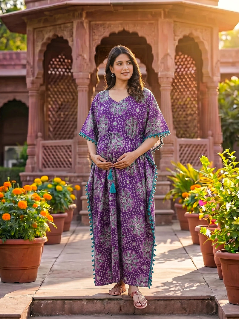 purple-green-ethnic-print-cotton maternity-feeding-friendly-kaftan-dress