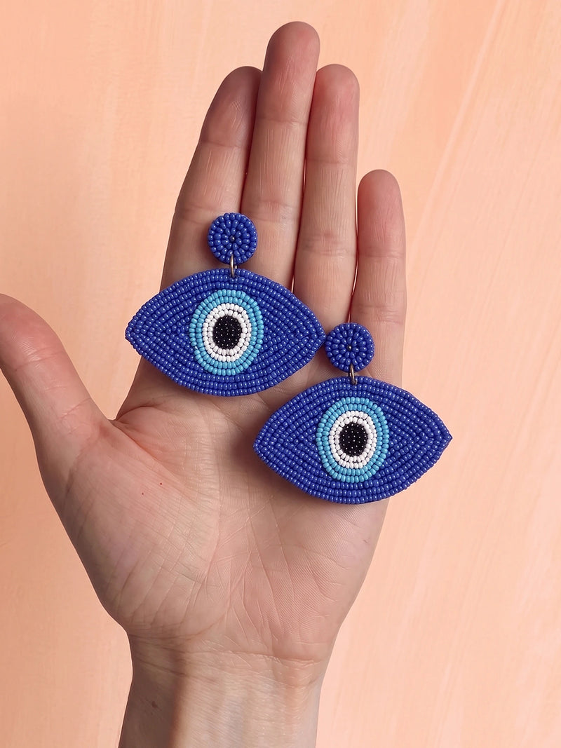 Evil Eye Handcrafted Beaded Statement Earrings – Royal Blue