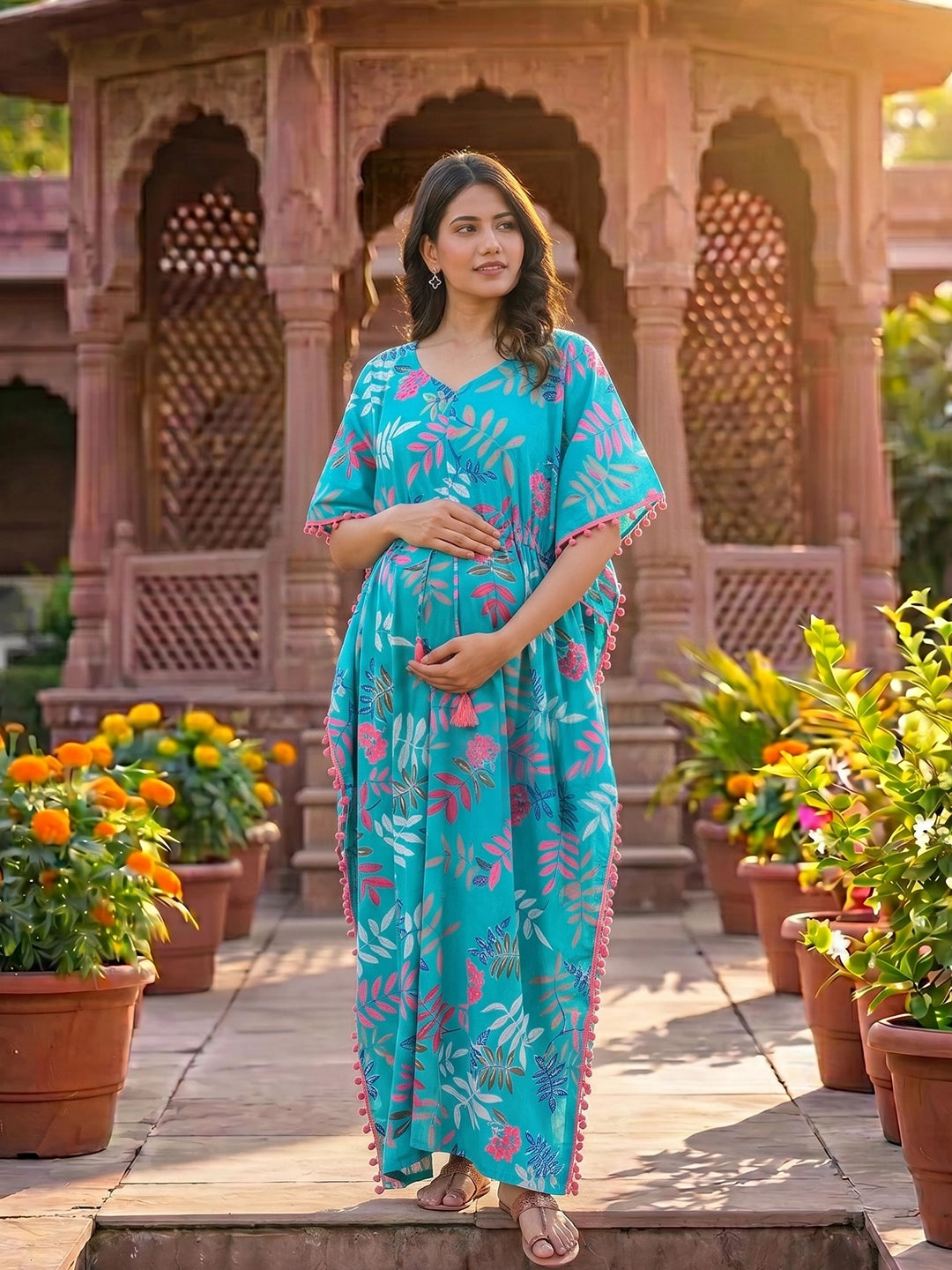 turquoise-multi-tropical-print-cotton-maternity-feeding-friendly-kaftan-dress