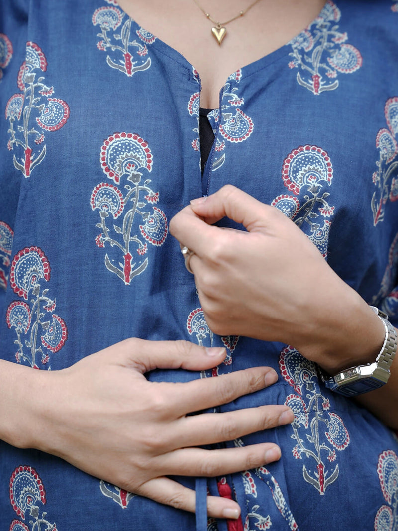 Indigo Ethnic Printed Maternity & Feeding Kaftan Dress with Concealed Zipper