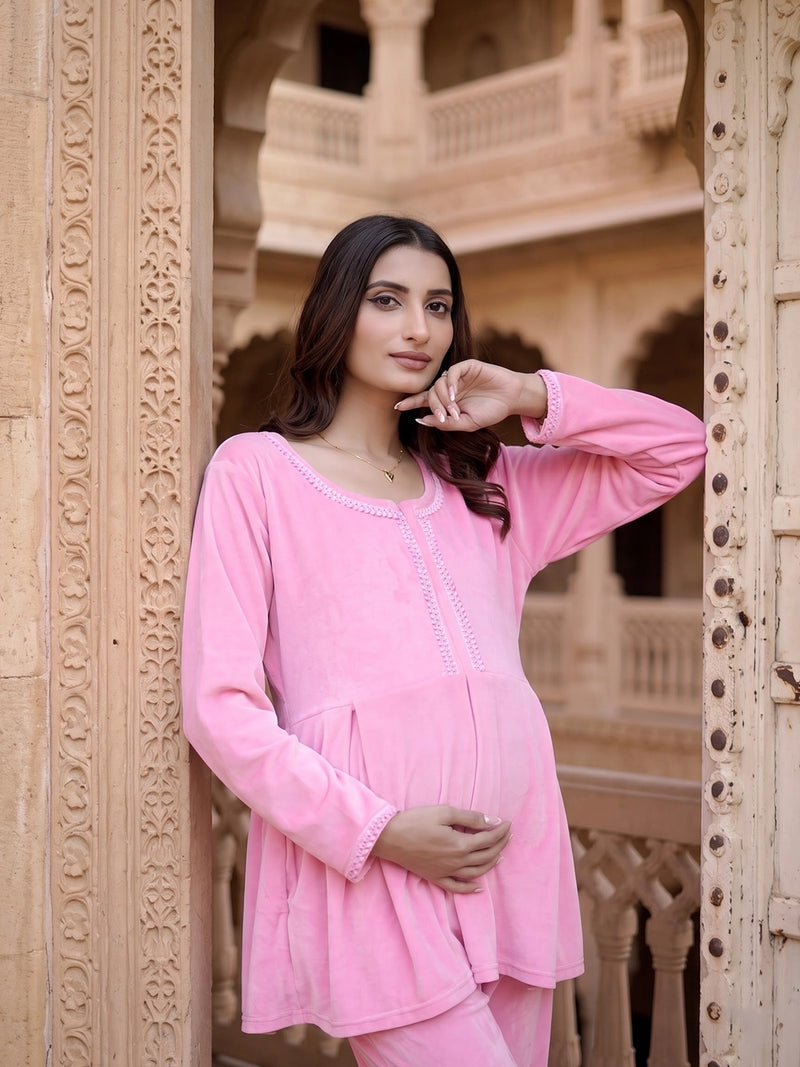 Pink Velvet Maternity Feeding Night Suit