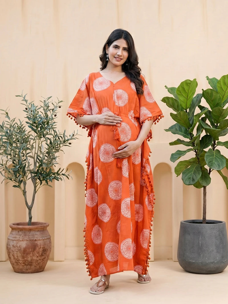 Orange Ethnic Print Maternity & Feeding Kaftan Dress