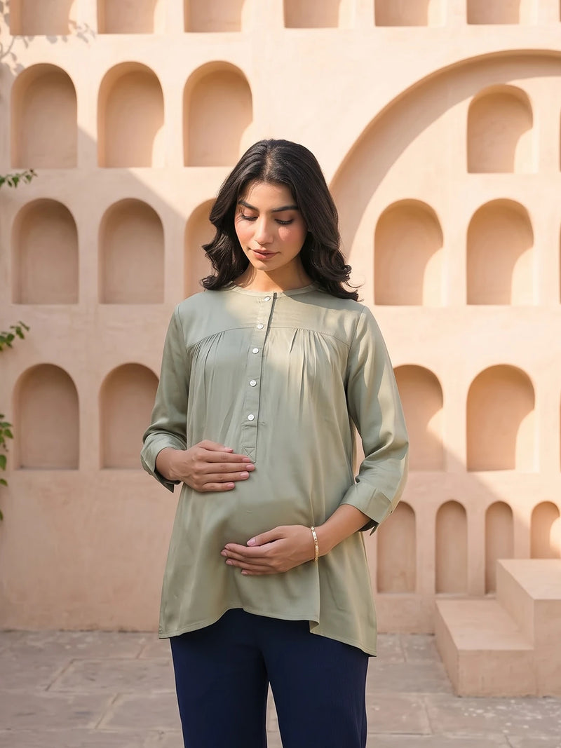 Olive Green Maternity Feeding-Friendly Top