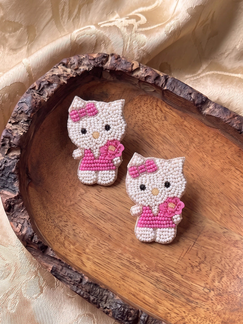Cute Kitty Mom Handcrafted Beaded Statement Earrings – Pink