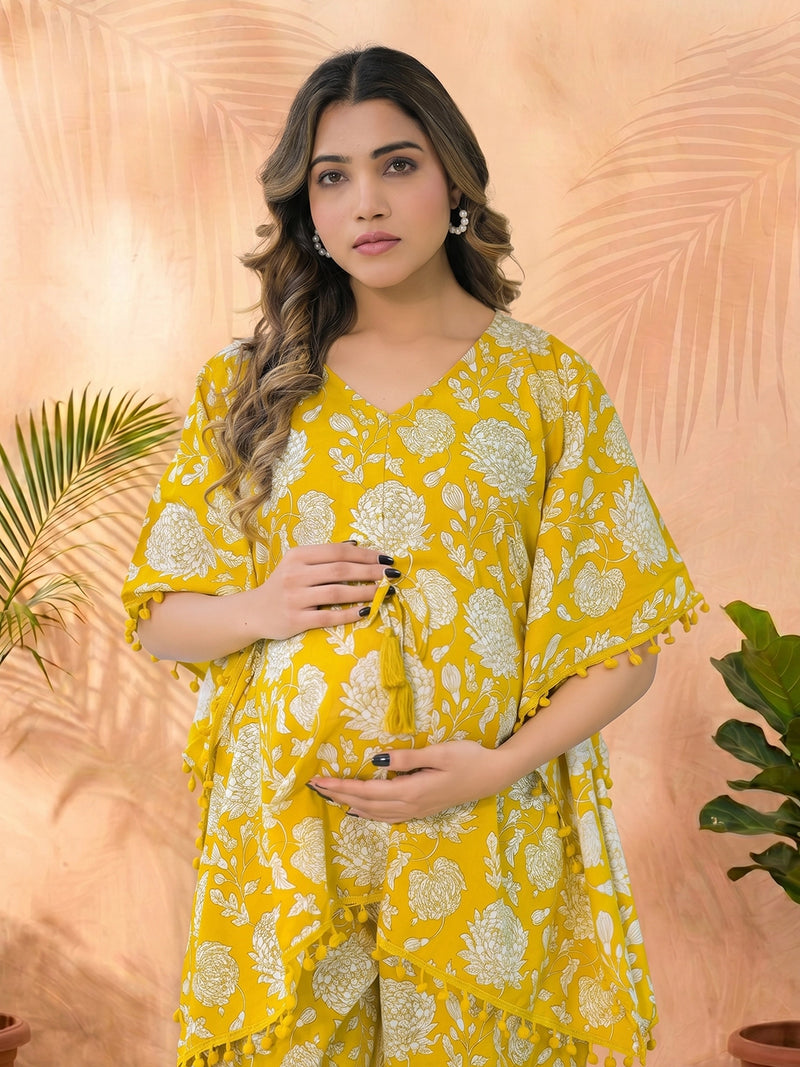 Mustard Floral Printed Maternity Feeding Kaftan Night Suit