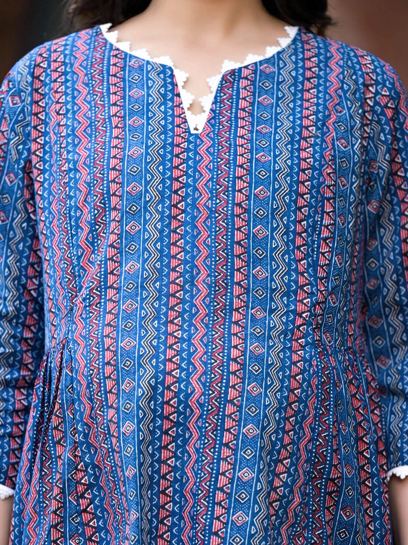 Indigo Multi Geometric Printed Cotton Maternity Feeding Night Suit
