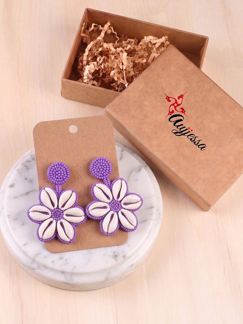 Handcrafted Seashell Charm Flower Statement Earrings – White Purple