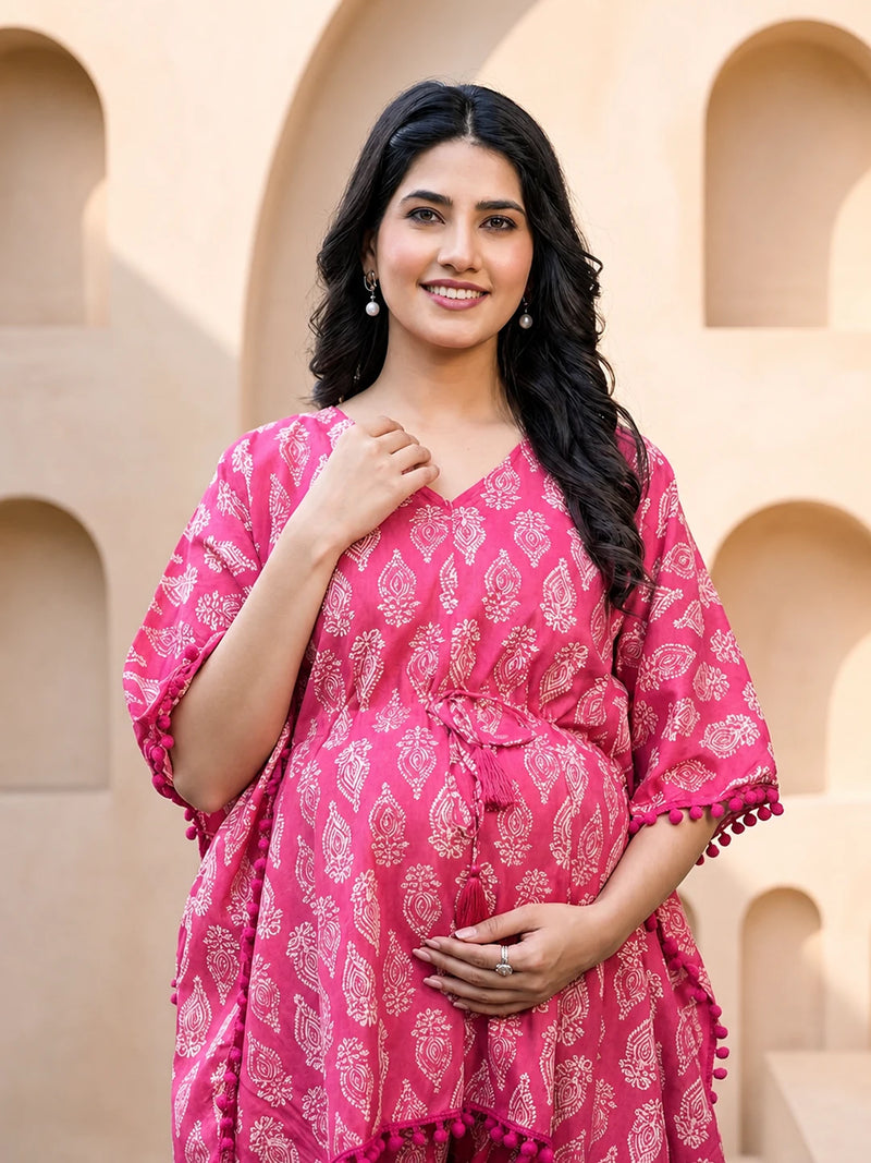 Fuchsia Ethnic Printed Maternity & Feeding Night Suit