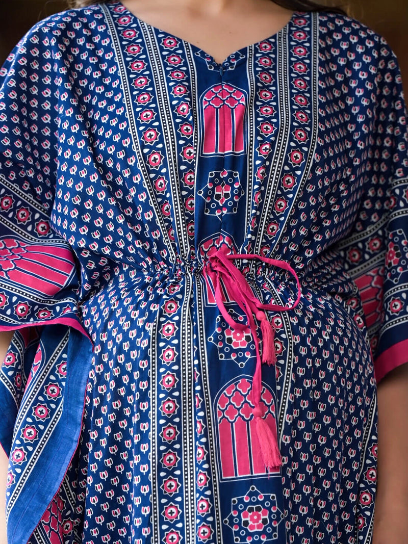 Indigo Multi Ethnic Motifs Printed Maternity Feeding Kaftan Dress