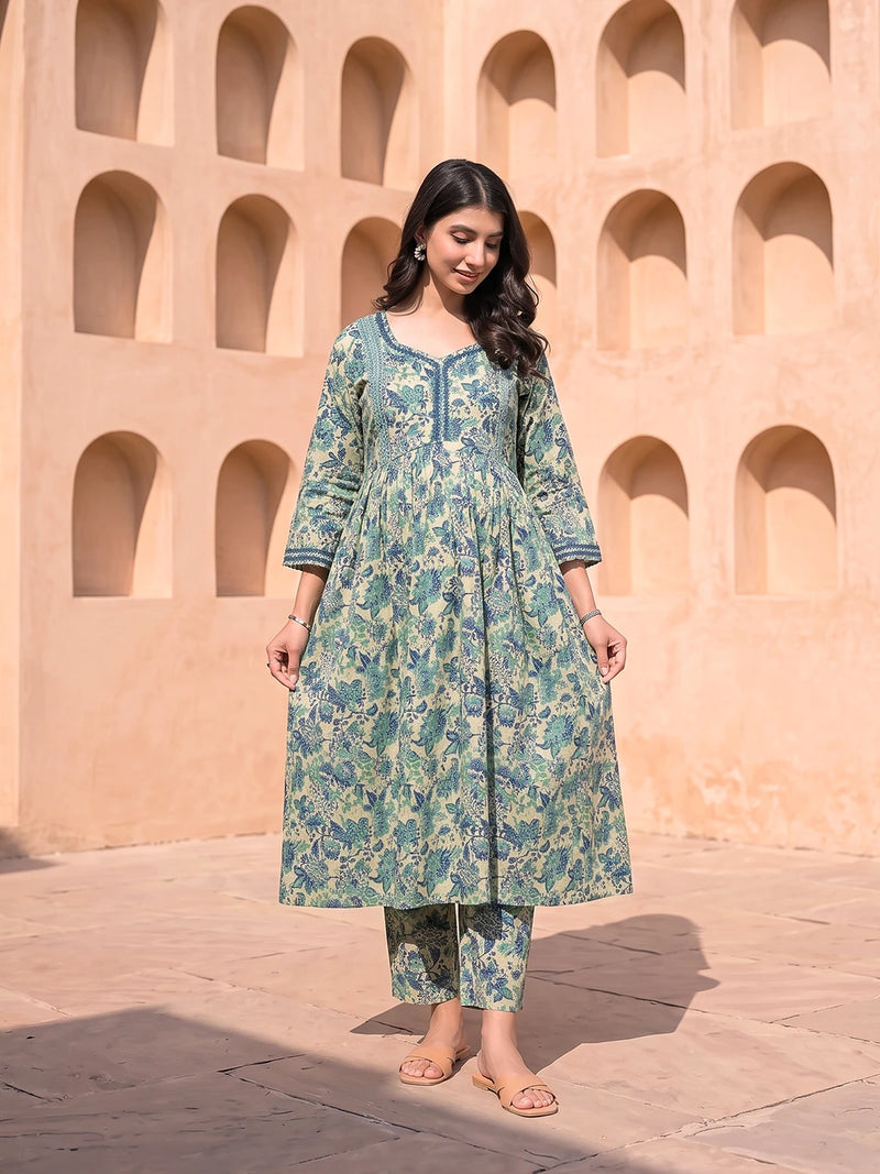 Teal Green Cotton Printed Maternity & Feeding Kurta Set with Dupatta