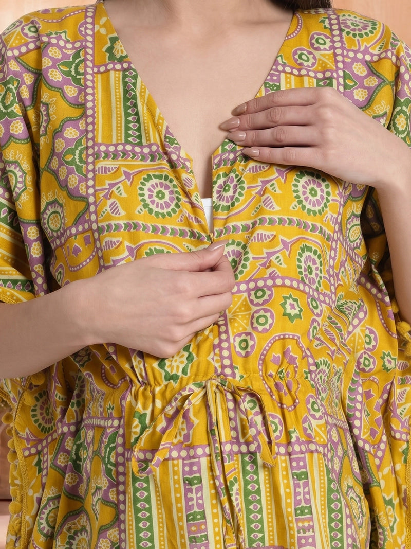 Mustard Geometric Print Maternity Feeding Kaftan Night Suit