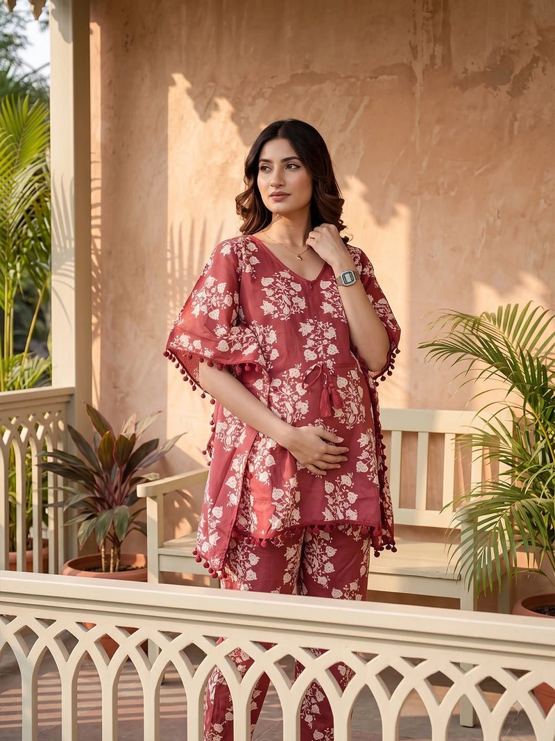 Maroon Printed Cotton Maternity Feeding-Friendly Kaftan Night Suit