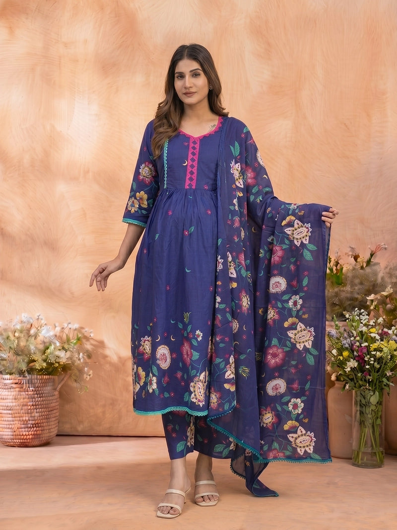 Royal Blue Floral Printed Maternity Feeding Kurta Set with Dupatta