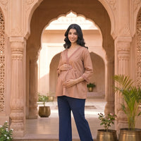Taupe Lace Neck Maternity & Feeding Top with Concealed Zipper