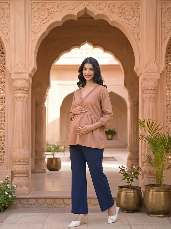 Taupe Lace Neck Maternity & Feeding Top with Concealed Zipper