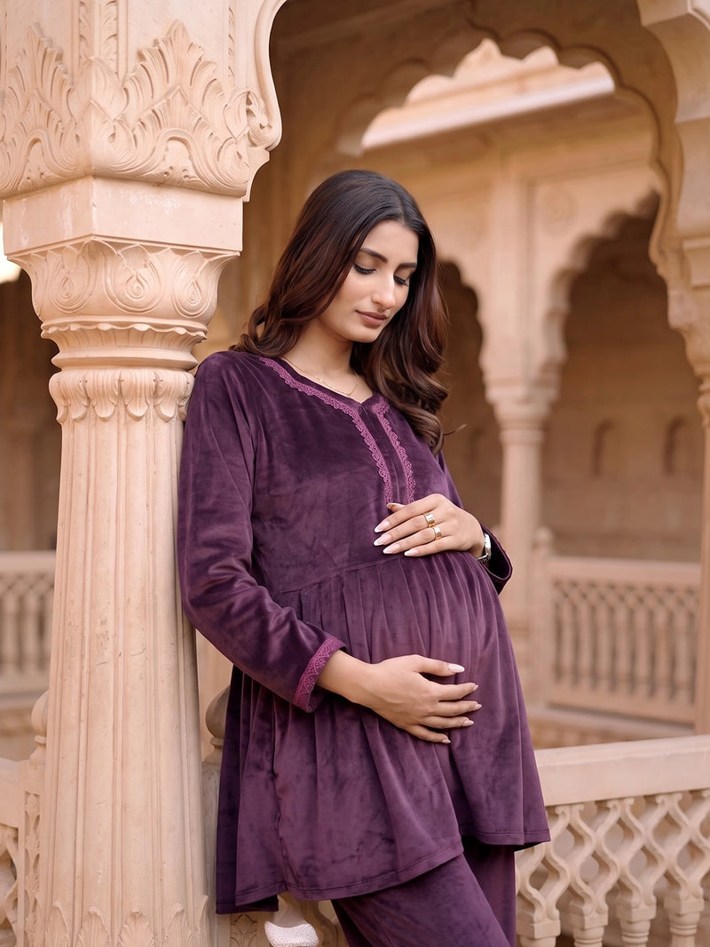 Plum Velvet Maternity Feeding Night Suit