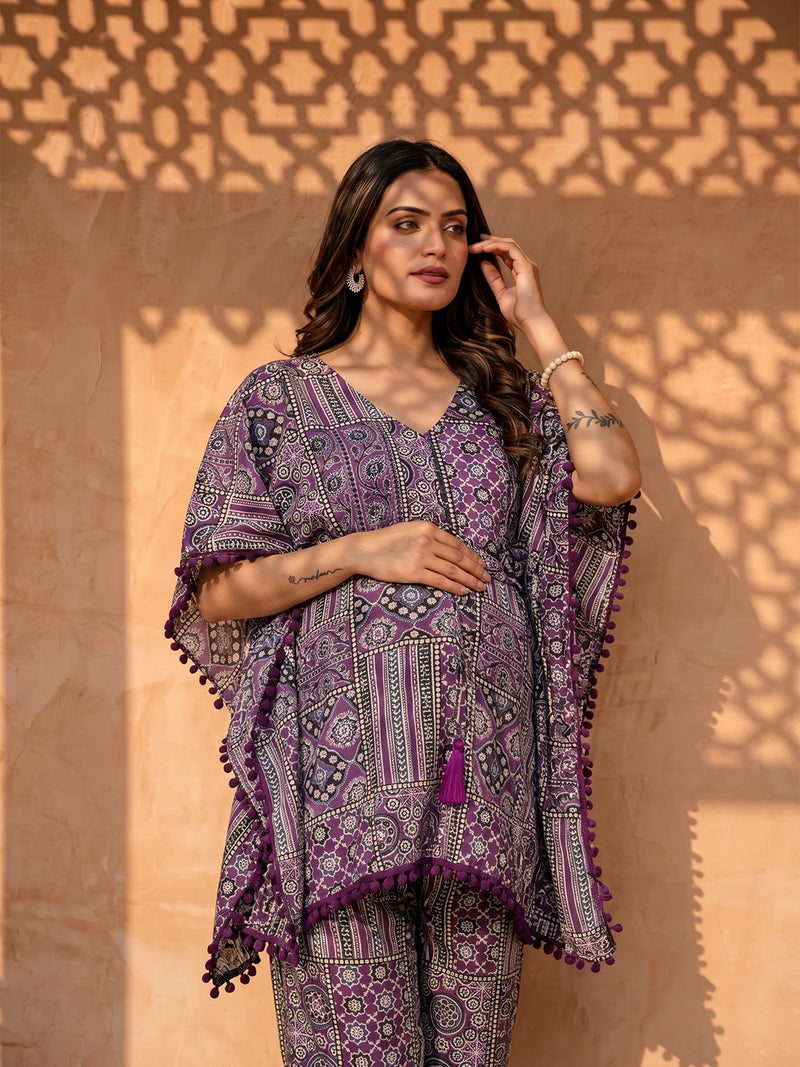 Purple Ethnic Print Maternity Feeding-Friendly Kaftan Night Suit with Concealed Zipper