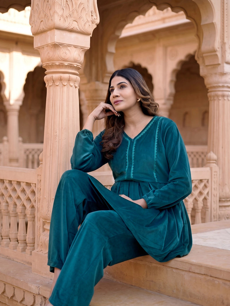 Dark Green Velvet Maternity Feeding Night Suit
