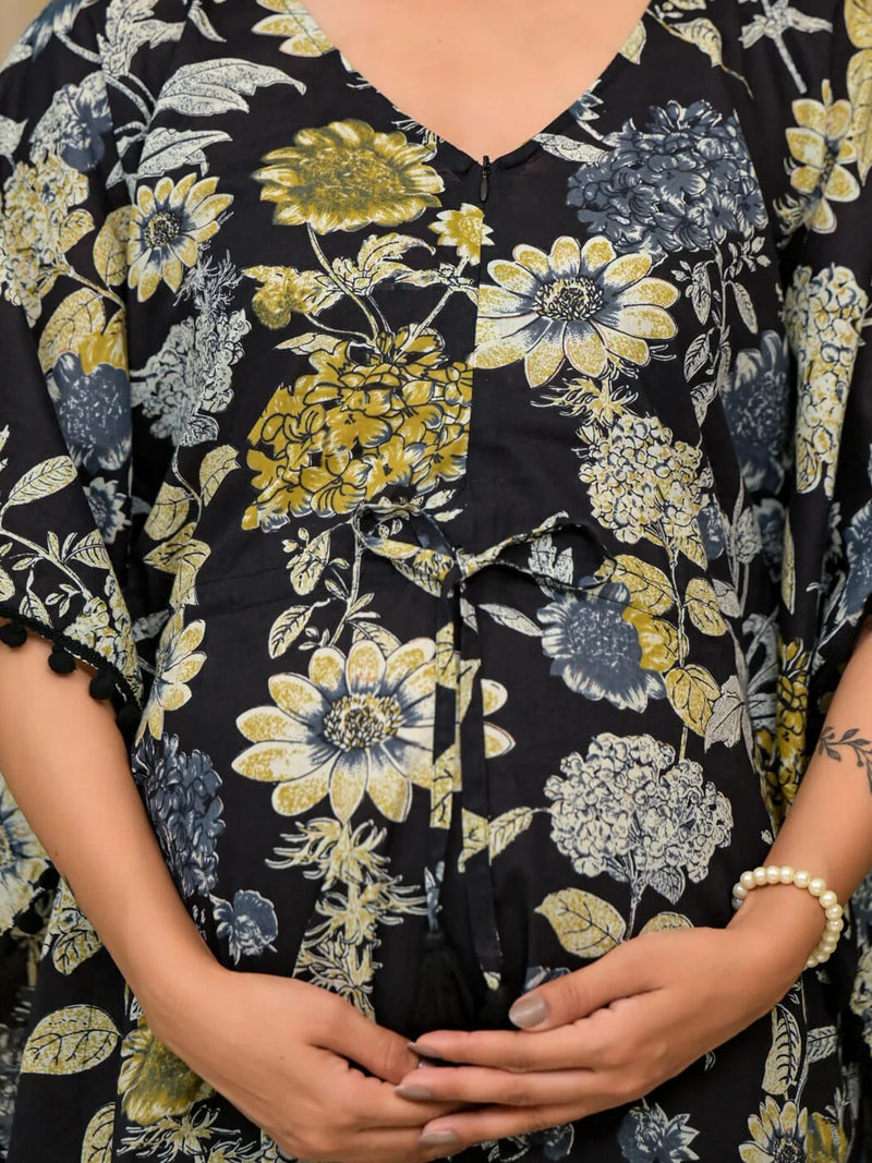 Black Floral Print Maternity Feeding-Friendly Kaftan Night Suit with Concealed Zipper