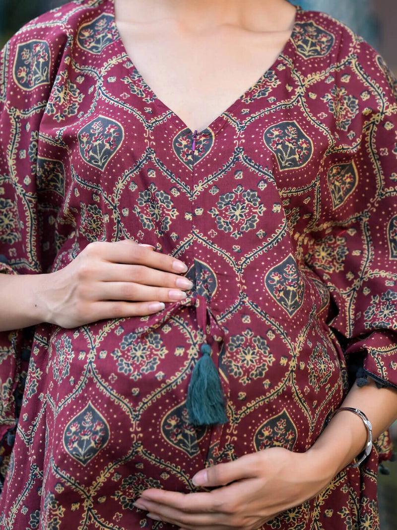 Maroon Grey Ethnic Printed Maternity Feeding Kaftan Night Suit