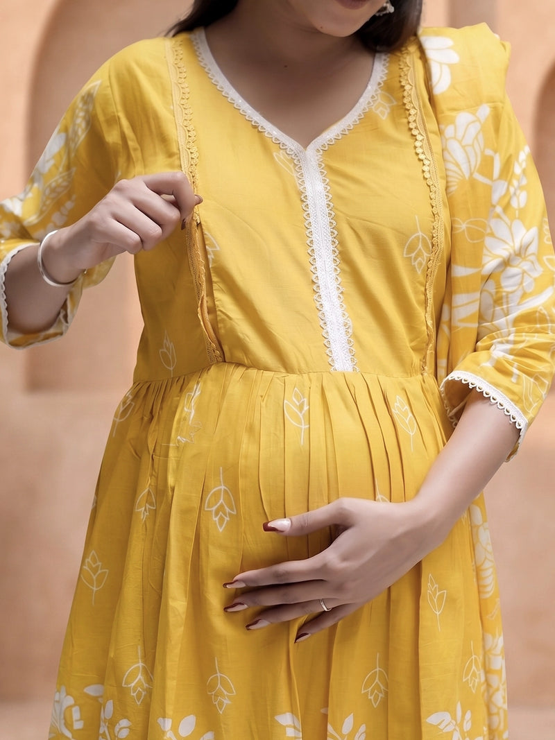 Yellow White Floral Print Cotton Maternity & Feeding-Friendly Flare Kurta Set with Dupatta